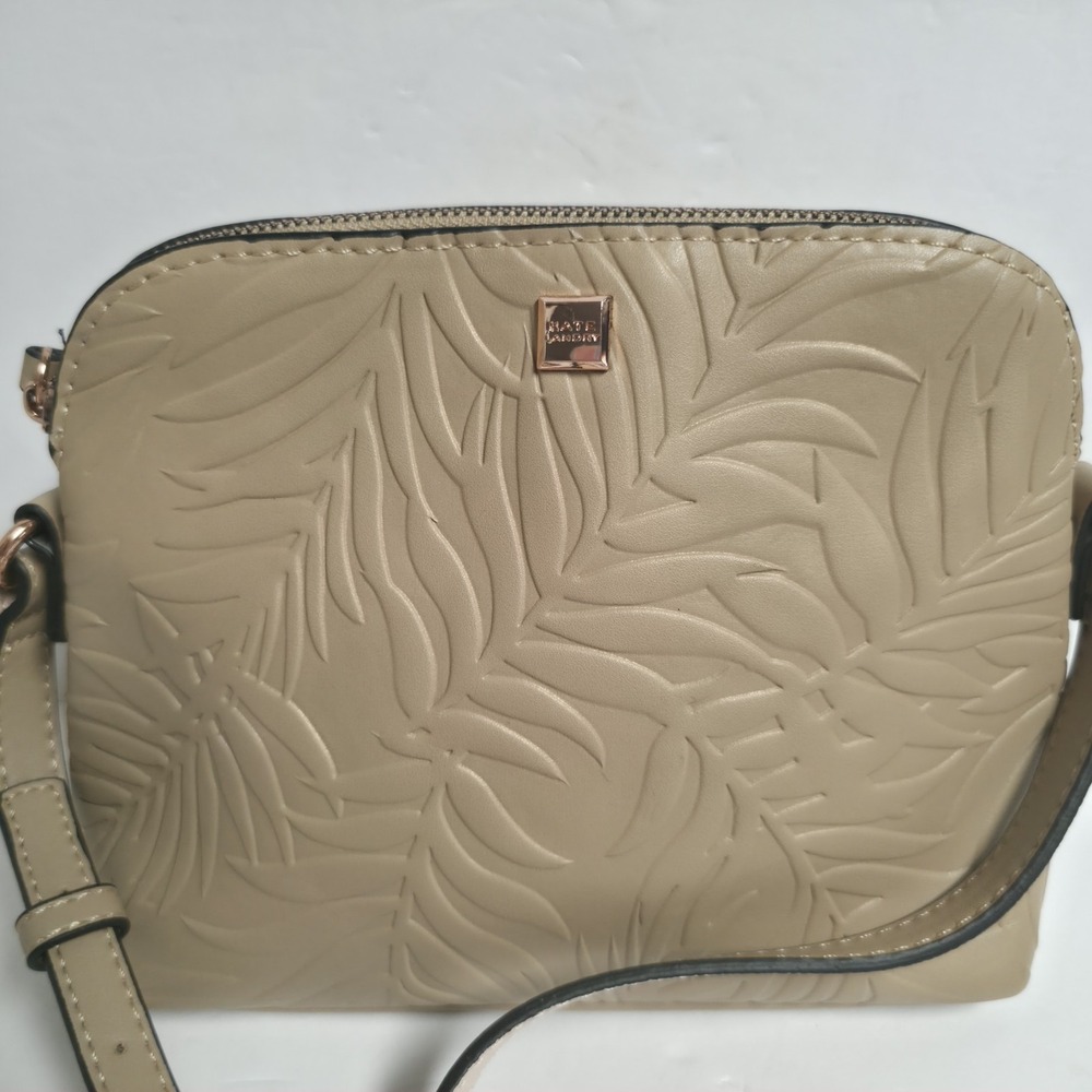 Kate Landry Beige Crossbody Bag Embossed Palm Leaf Dome Purse Tan Tropical Boho